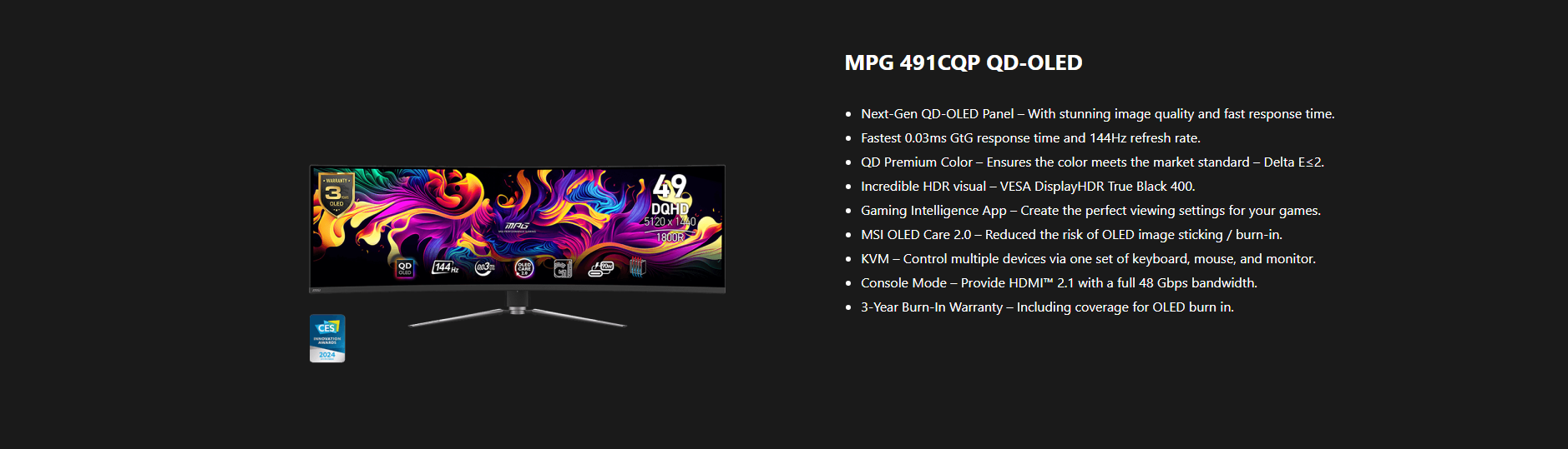 A large marketing image providing additional information about the product MSI MPG MPG 491CQP 49" Curved 144Hz QD-OLED Monitor - Additional alt info not provided